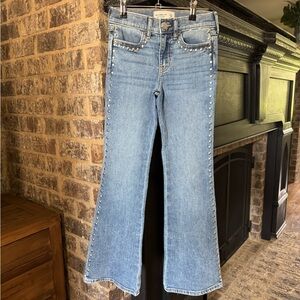 Abercrombie kids 7/8 long Denim Flare Jeans with Stud Trim - Light Blue